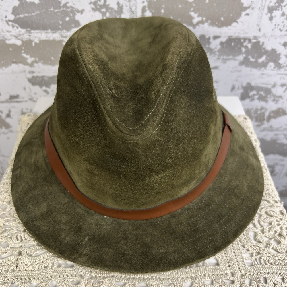Vintage New York Hat Co Fedora Leather Suede Olive Green Large USA Union Made
